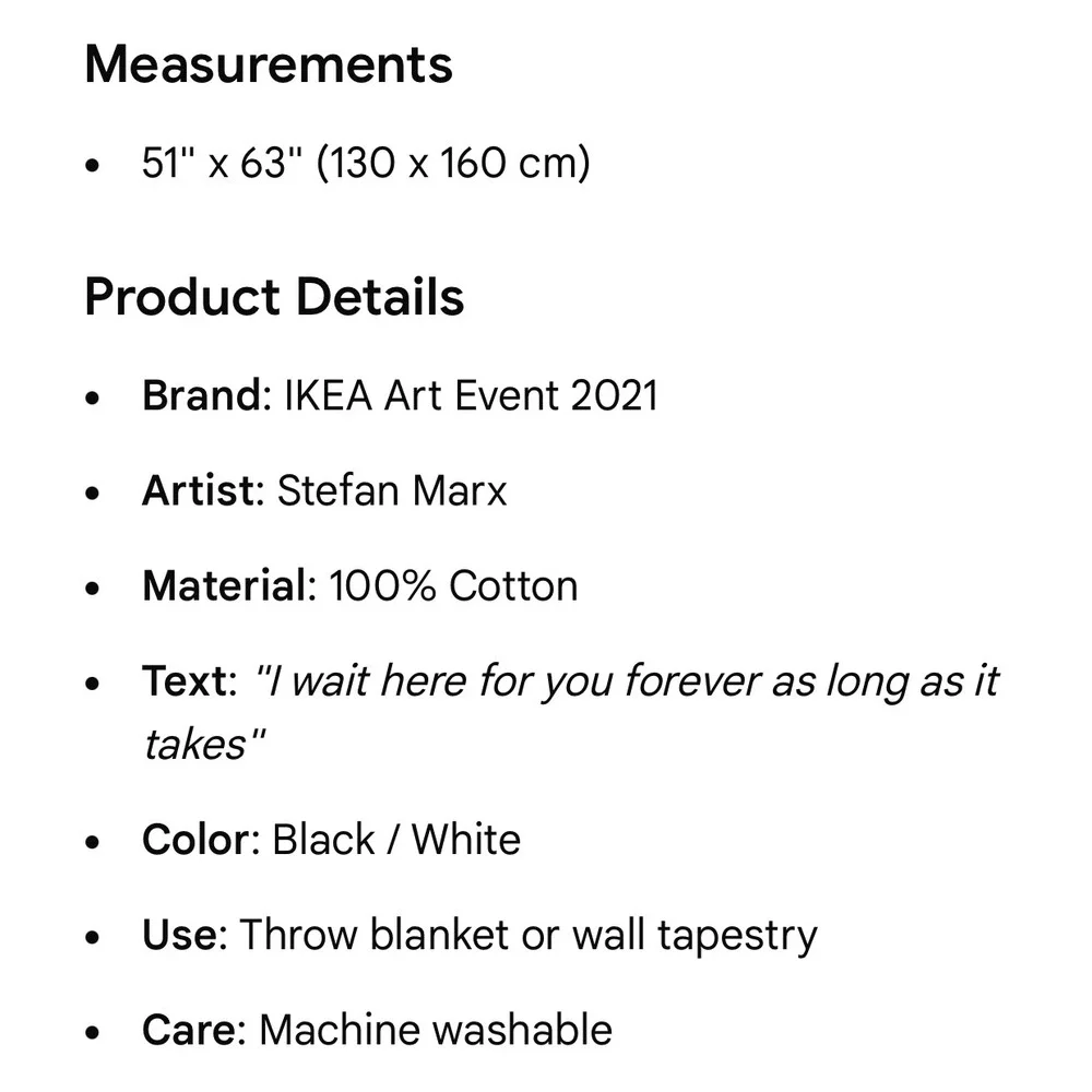 IKEA Art Event Stefan Marx Throw Blanket Black White 51x63 Cotton 2021 Quote Art